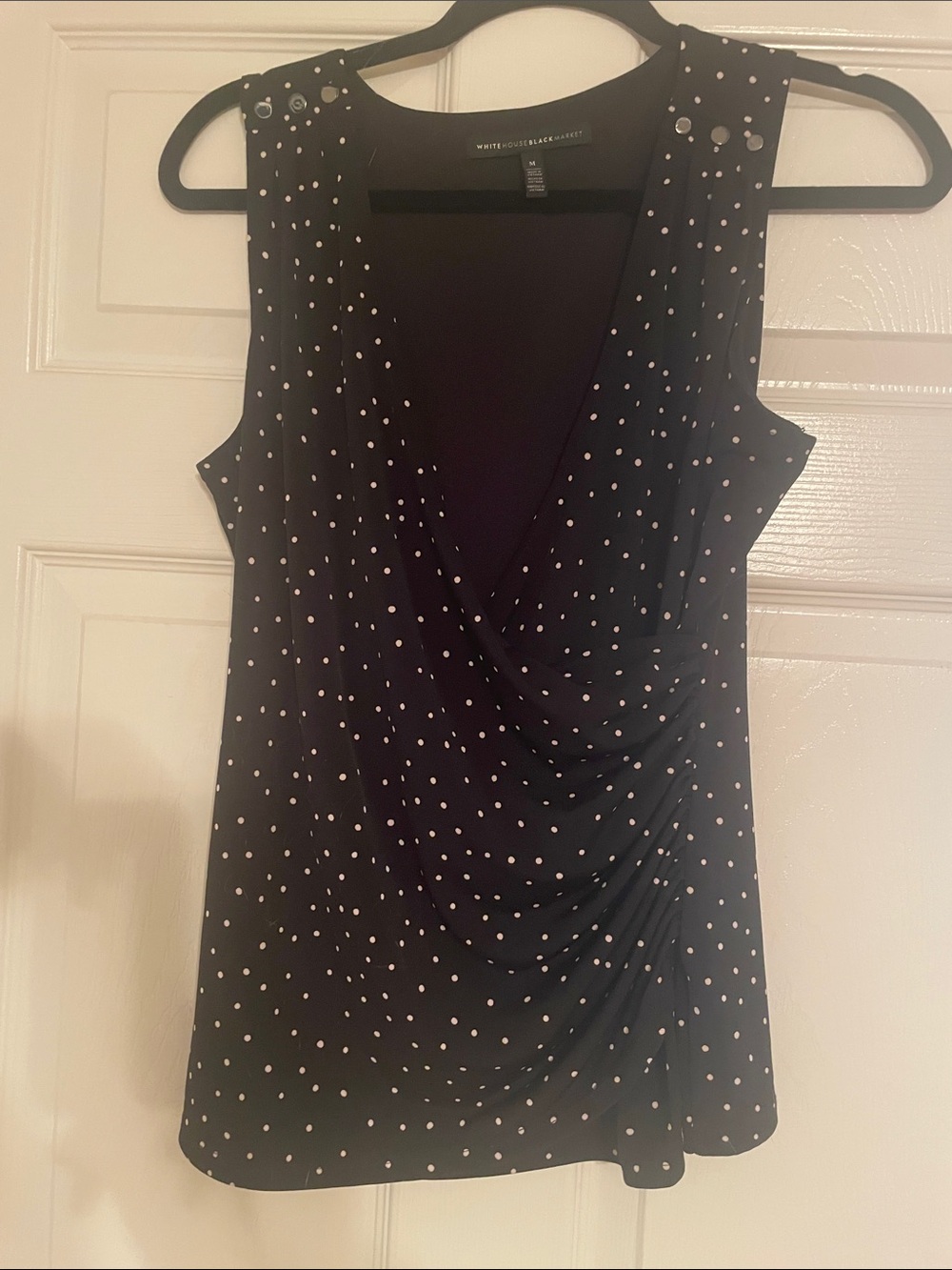 White House Black Market Black Polka Dot Draped Sleeveless Top